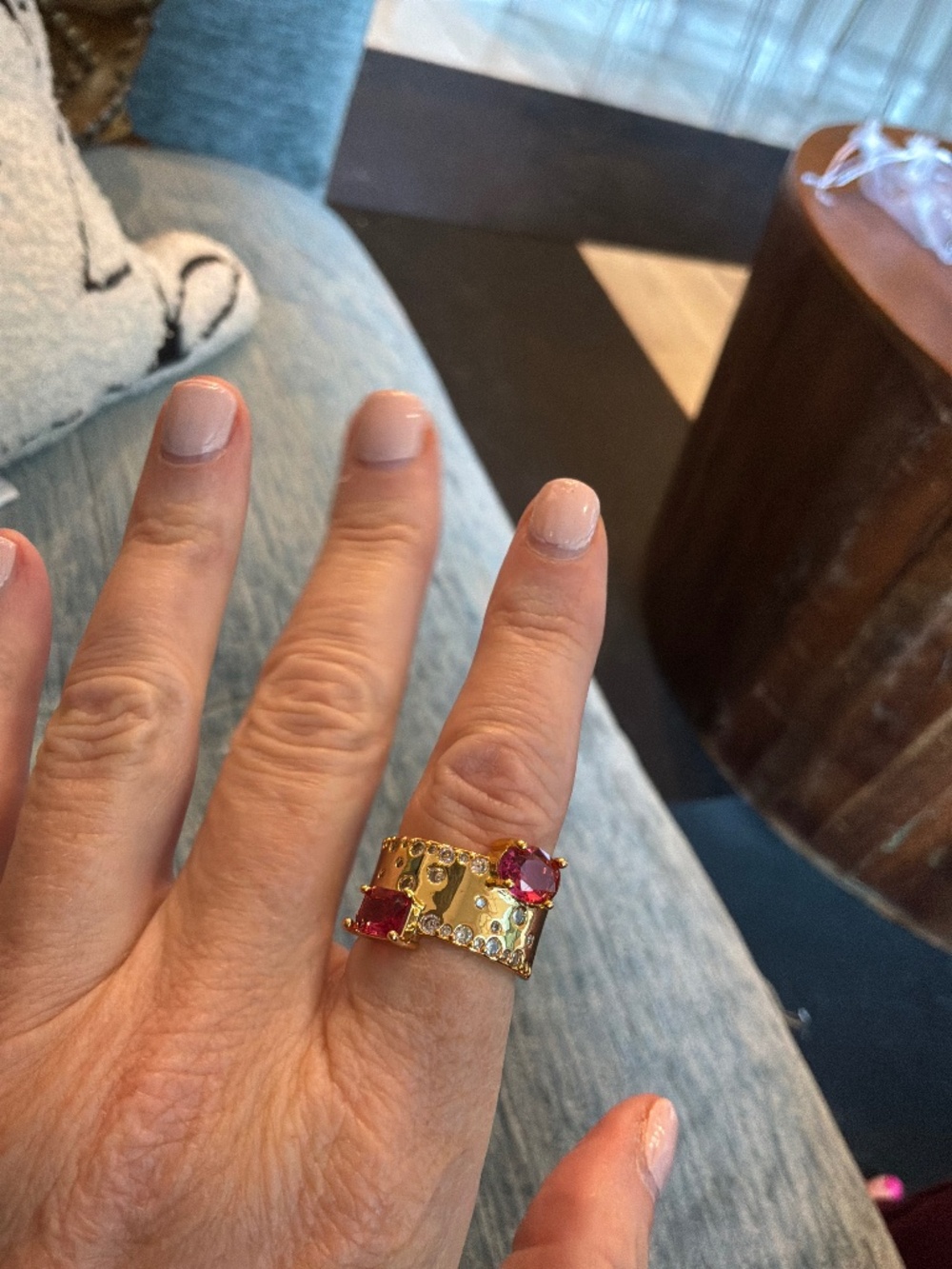 Two synthetic zircon pink stone ring in gold tone size 6.5